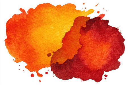 Vibrant orange and red watercolor splashes blend together, creating a dynamic abstract composition that evokes energy and artistic flair in a visually striking mannerの素材