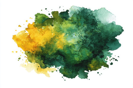 This abstract watercolor splash displays a harmonious blend of green and yellow hues, creating a vibrant and dynamic visual experience with copy space for creative useの素材