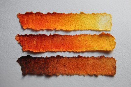 Watercolor marks in warm autumn colors of orange and amber, displaying high fidelity textures and vibrant hues, ideal for artistic design and creative projectsの素材