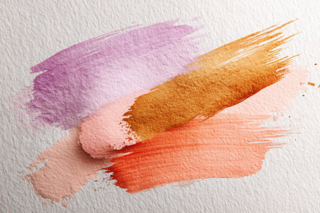 Abstract watercolor illustration featuring delicate brush marks in lavender, peach, and orange, showing vibrant textures and artistic expression in a visually appealing compositionの素材