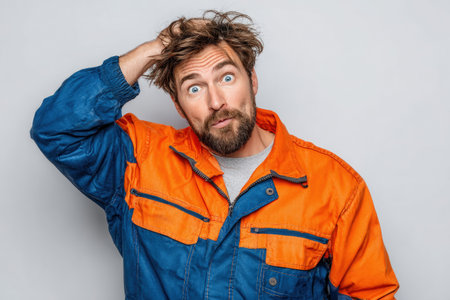 A man wearing an orange and blue work jacket appears puzzled while scratching his head, capturing a candid moment of confusion and surprise against a plain backdropの素材