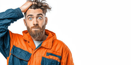 Male worker in an orange and blue jacket displays a surprised expression, highlighting a moment of confusion against a bright, minimal background, capturing a relatable emotionの素材