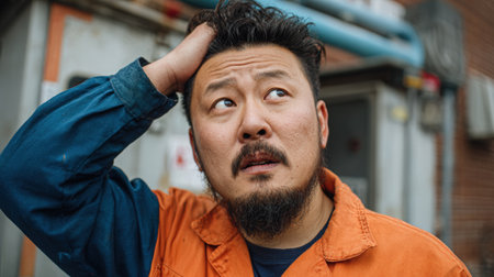 East Asian man wearing orange workwear is outdoors, scratching his head in confusion, surrounded by industrial machinery, contemplating a challenging task in a busy settingの素材