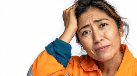 Latin woman in orange workwear displays a concerned expression, highlighting her emotions and resilience, with a focus on her thoughtful demeanor and professional attireの素材