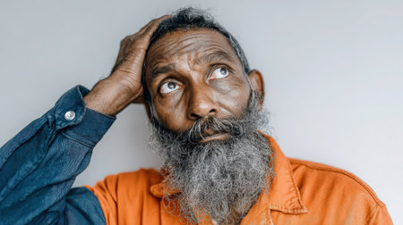 Indian man with a beard, dressed in an orange shirt, looks thoughtfully upward, conveying a sense of introspection and emotional depth in a simple backgroundの素材