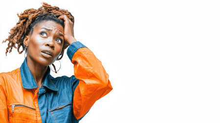 Female worker in colorful overalls, gazing upwards with a pensive look, embodying creativity and determination in a professional environment with copy spaceの素材
