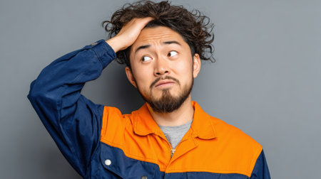 Male worker in orange and blue jacket appears confused while scratching his head, set against a simple gray backdrop, illustrating a thoughtful expressionの素材