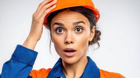 Female construction worker in an orange hard hat and blue shirt, displaying a surprised expression, emphasizing safety and awareness in industrial settingsの素材
