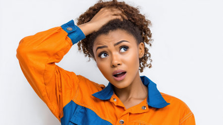 Female worker in orange and blue attire, showing surprise while touching her curly hair, capturing an expressive moment in a lively environmentの素材