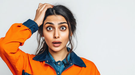 Surprised female in orange work jacket shows shock with wide eyes and hand on head, set against a bright background, conveying a sense of confusion and emotionの素材