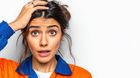 Female worker in orange and blue attire shows surprise, with a hand on her head, capturing a moment of realization in a bright, minimalistic environmentの素材