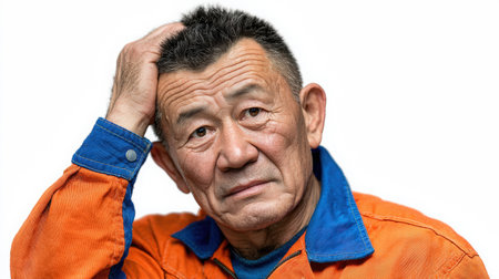 Male worker in orange jacket, appears thoughtful while scratching head, conveying a moment of reflection in a professional environment with soft lightingの素材