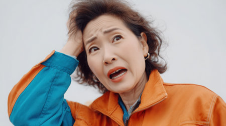 Female expressing frustration, wearing a vibrant orange and blue jacket, with short dark hair, captured in a moment of emotional intensity against a neutral backdropの素材