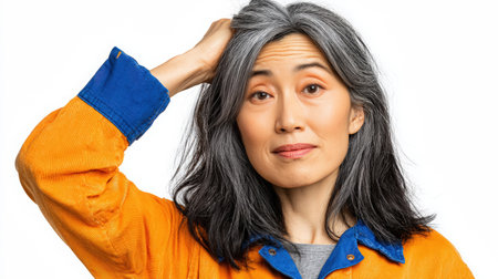 Thoughtful female with gray hair, dressed in an orange jacket, poses while touching her hair, creating an atmosphere of reflection and calmness in a well-lit spaceの素材