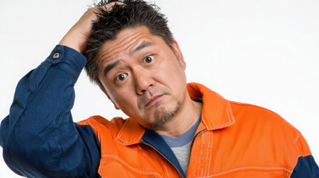 Male worker in orange and blue overalls is scratching his head, conveying a sense of confusion in a well-lit studio environment, highlighting a moment of reflectionの素材