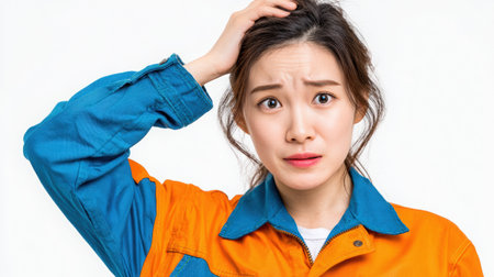 Female worker in vibrant blue and orange attire, shows confusion while scratching her head, set against a minimalistic background, illustrating a moment of uncertaintyの素材