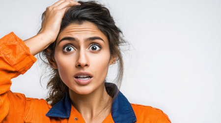 Female worker in orange overalls shows surprise and concern, hand on head, in a professional setting, capturing emotions and expressions with copy spaceの素材