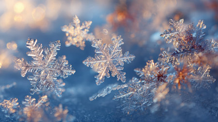 Photography of drifting snowflakes, beautifully lit by cool backlight against a soft gradient blue background, highlighting intricate details and texturesの素材