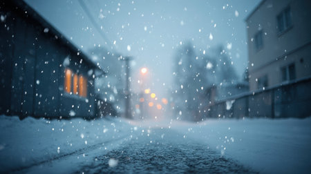 Soft snowfall gently covers a tranquil street, with warm lights glowing from nearby buildings, evoking a serene winter ambiance perfect for seasonal storytellingの素材