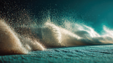 Photography of gentle swirling snowfall, beautifully lit from the side, producing long shadows against a soft teal gradient, evoking a tranquil winter sceneの素材