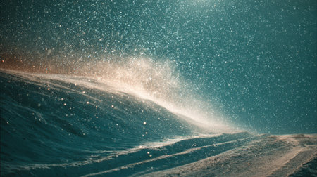Photography of gentle snowfall, softly illuminated from the side, creating elongated shadows against a tranquil teal gradient, evoking a peaceful winter sceneの素材