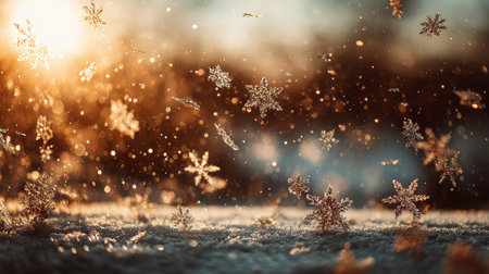 Photography captures sparkling snowflakes falling in front of a warm winter glow, with a shallow depth of field enhancing the enchanting ambiance of the sceneの素材