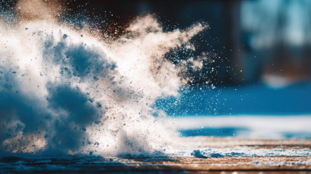 Photography captures snow particles frozen midair, enhanced by bright backlight, showing the serene beauty of winter and the delicate nature of snowflakesの素材