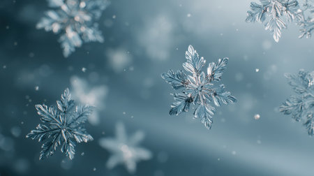 Captivating light blue winter backdrop filled with ethereal snowflakes drifting softly in a misty haze, evoking a tranquil ambiance perfect for seasonal designsの素材
