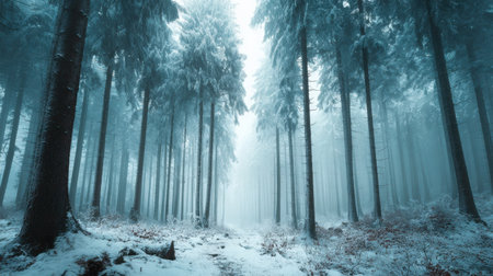 Photography captures a snowy forest clearing enveloped in mist, with tall trees and soft cyan hues, evoking a tranquil winter atmosphere and inviting explorationの素材