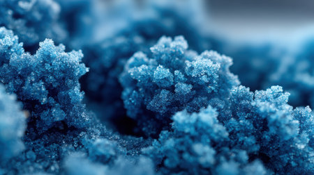 Macro shot captures the stunning blue crystalline frost texture on compact snow, revealing the delicate details and enchanting patterns of winter's chillの素材