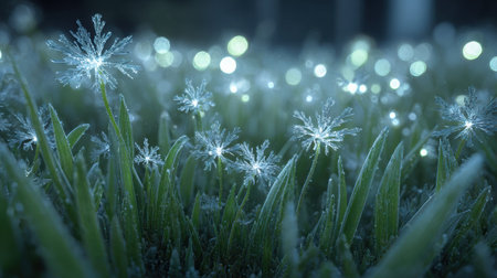 Snowflakes delicately perched on lush green grass in a tranquil snowy meadow, with soft blurred lights enhancing the enchanting winter ambianceの素材