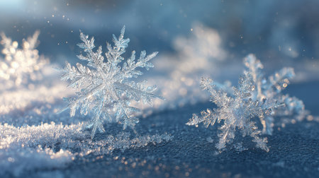 Close-up view of intricate white snowflakes drifting softly against a bright blue backdrop, illuminated by gentle light and creating a serene winter atmosphereの素材