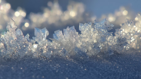 Frosted crystals shimmer on pristine snow, bathed in soft morning light, revealing delicate textures and a serene winter atmosphere that captivates the sensesの素材