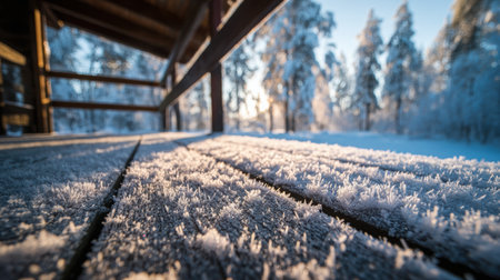 Photography of swirling snowflakes on a frosty wooden deck, showing winter's charm with a blurred forest in the distance and a captivating low-angle viewの素材