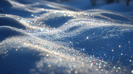 Photography of a sparkling snowy landscape with bright highlights and deep shadows, emphasizing the serene beauty of winter in a captivating low-angle macro viewの素材