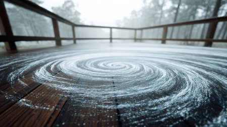 Photography of swirling snow forming intricate patterns on a wooden deck, with a frosty texture and a soft-focus winter forest in the background, evoking a tranquil atmosphereの素材