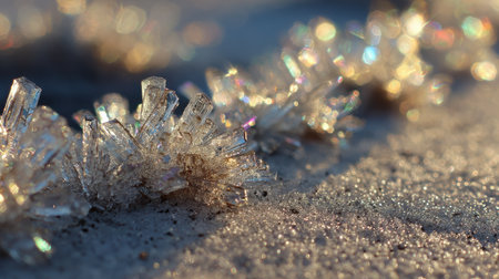 Frost crystals sparkle on pristine snow, illuminated by soft morning light, revealing intricate textures and a serene atmosphere in a low-angle macro perspectiveの素材