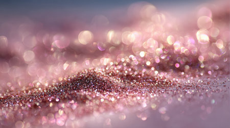 Soft pink pastel glitter creates a dreamy haze with gentle blurred highlights, evoking a romantic holiday ambiance filled with festive charm and shimmering beautyの素材