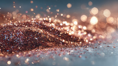Close-up of rose gold glitter with sparkling reflections and soft pastel tones, evoking a high-end luxury holiday mood and providing ample copy spaceの素材