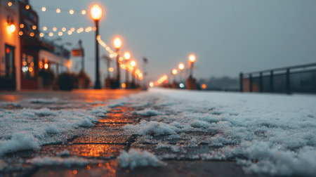 Photography of a snowy urban sidewalk in soft morning haze, with warm glowing lights creating a serene ambiance, inviting exploration and reflectionの素材