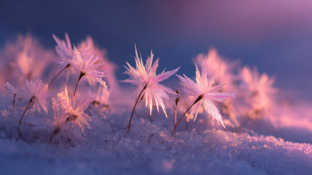 Frost flowers illuminate the snow, bathed in gentle pink twilight light, revealing their delicate structures and creating a tranquil winter atmosphereの素材