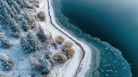 Aerial view of a frosty lakeshore featuring intricate snow patterns on frozen water, surrounded by trees, creating a tranquil winter atmosphere with copy spaceの素材