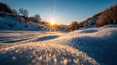 Photography captures bright sunlight reflecting off fresh snow, creating a warm glow and sparkling textures in a tranquil winter scene with copy spaceの素材