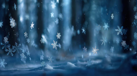 Close-up photography of delicate snowflakes cascading in a tranquil winter forest, featuring cool blue hues and soft lighting that enhances the serene atmosphereの素材