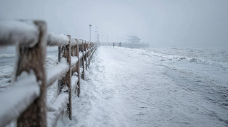 Photography captures snow-laden fences extending into a misty horizon, showcasing a peaceful winter scene with gentle depth and a muted color paletteの素材
