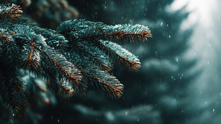 Close-up photography of snow-dusted pine branches, showcasing their texture and color against a rich green background, evoking a tranquil winter sceneの素材