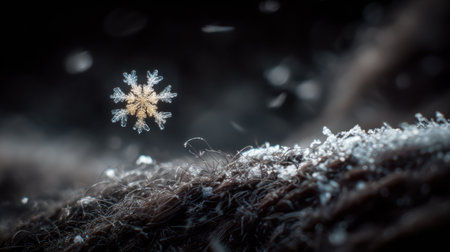 Close-up macro photography of a snowflake landing on dark wool fabric, highlighting delicate textures and intricate patterns in a serene, cool lighting atmosphereの素材