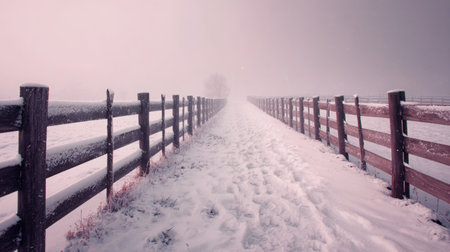Photography captures snow-laden fences leading into a misty horizon, showcasing a muted color palette and soft depth, evoking a peaceful winter ambianceの素材