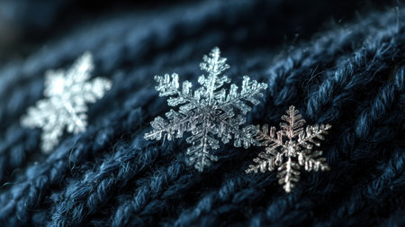 Close-up photography of snowflakes resting on dark wool fabric, revealing intricate details and textures, creating a serene winter atmosphere and visual interestの素材