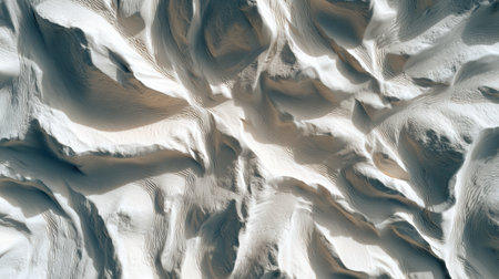 Photography of smooth, untouched snow dunes shaped by the wind, viewed from above, highlighting the tranquil ambiance and minimalistic composition of winter's beautyの素材